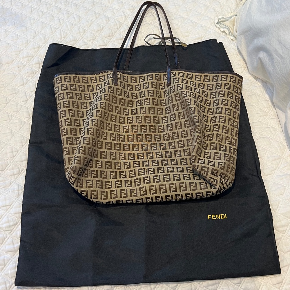 Vintage Fendi Zucchino monogram logo shopper tote in brown and tan canvas